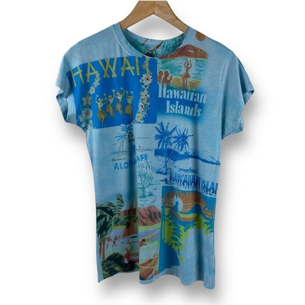 Vintage Cubism XL Hawaiian Islands Pop Art Graphic Tee Blue Retro All Over Print